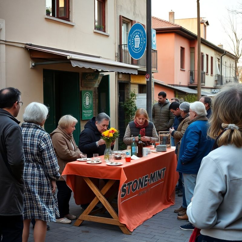 Outdoor community event on a Iași street with a stone-mint branded table