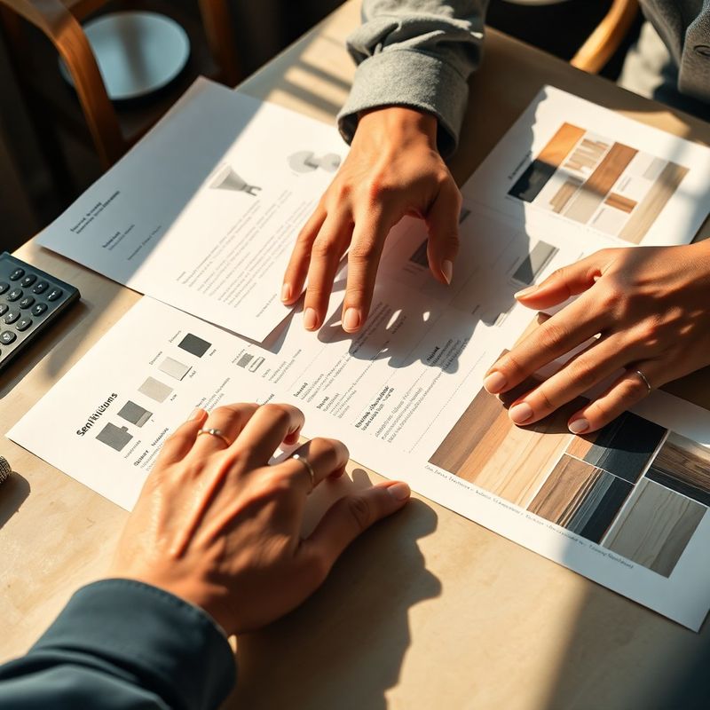 Close-up of hands reviewing printed specification sheets on a stone-mint desk