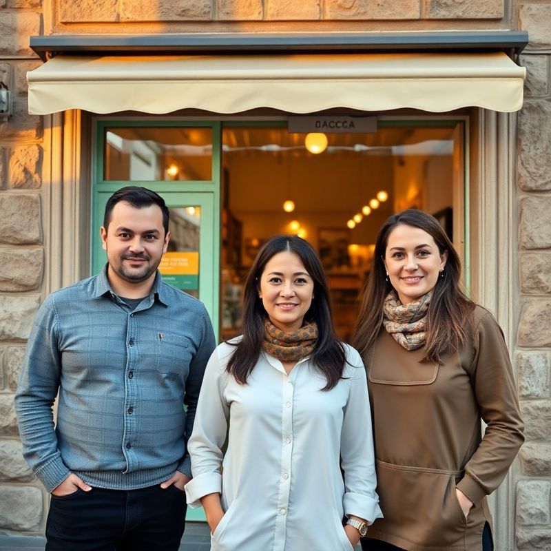 Riverside Co team of three standing in front of the stone-mint shopfront